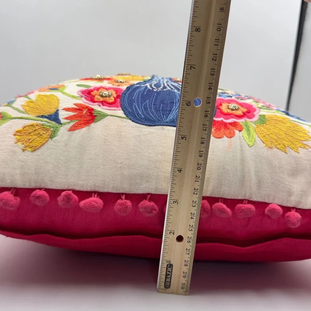 Set of 2 Embroidered Peacock Floral Throw Pillows Pink Pom Pom Trim 16x16 Boho